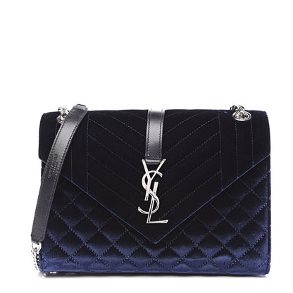 Saint Laurent Velvet Matelasse Chevron Medium Triquilt Monogram Satchel Navy 1 of 9