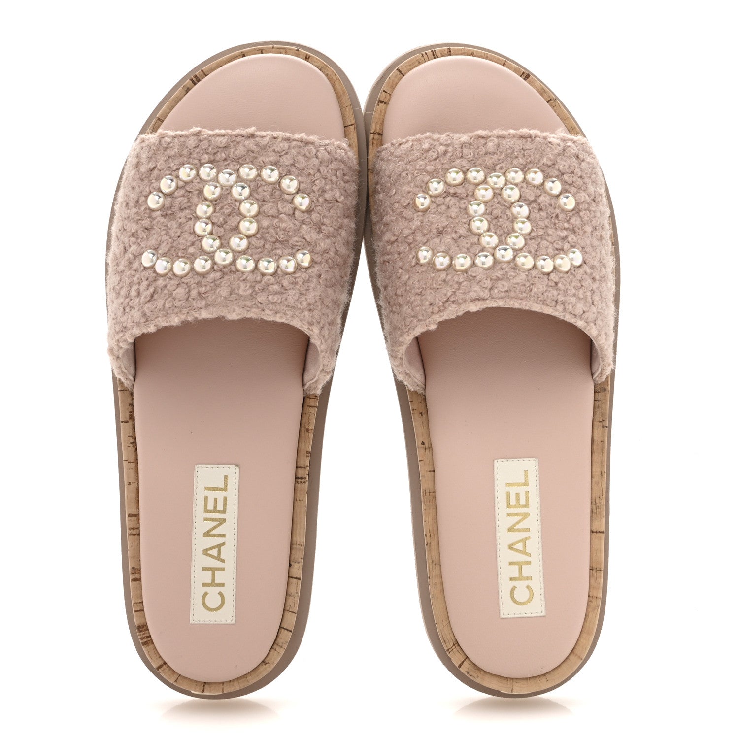 Chanel Fabric Pearl Cork CC Slip On Sandals 40 Pink 1693018