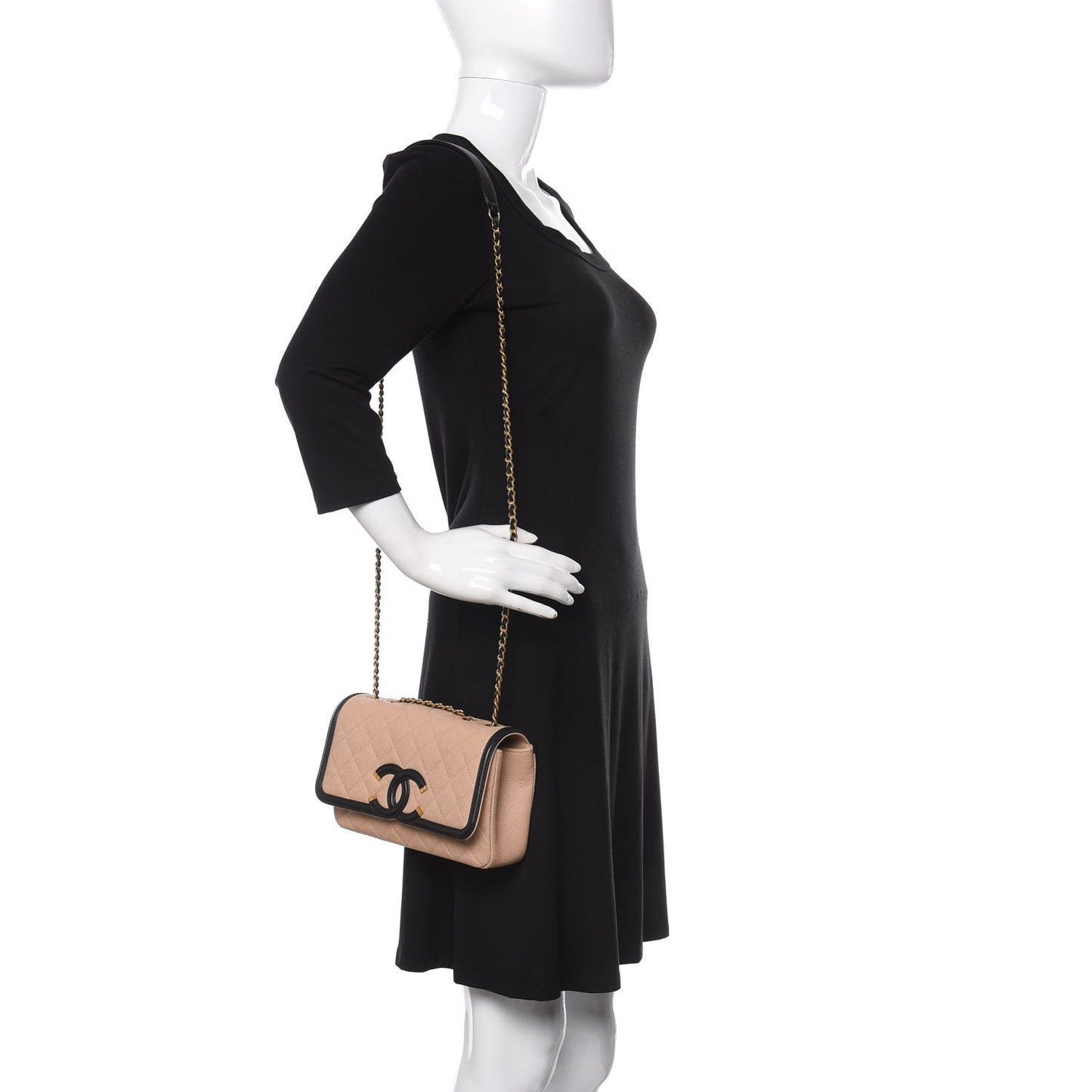 Caviar Quilted Small CC Filigree Flap Beige Black