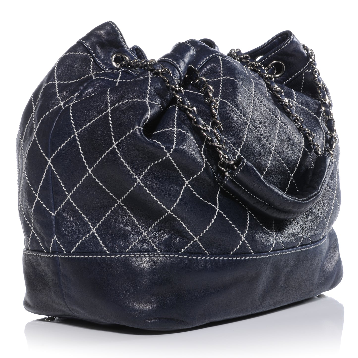 Leather Contrast Stitch Drawstring Tote Navy