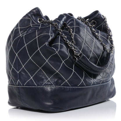 Chanel Leather Contrast Stitch Drawstring Tote Navy 3 of 9