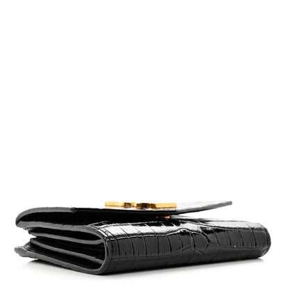 Saint Laurent Shiny Calfskin Crocodile Embossed Monogram Uptown Compact Wallet Black 4 of 7