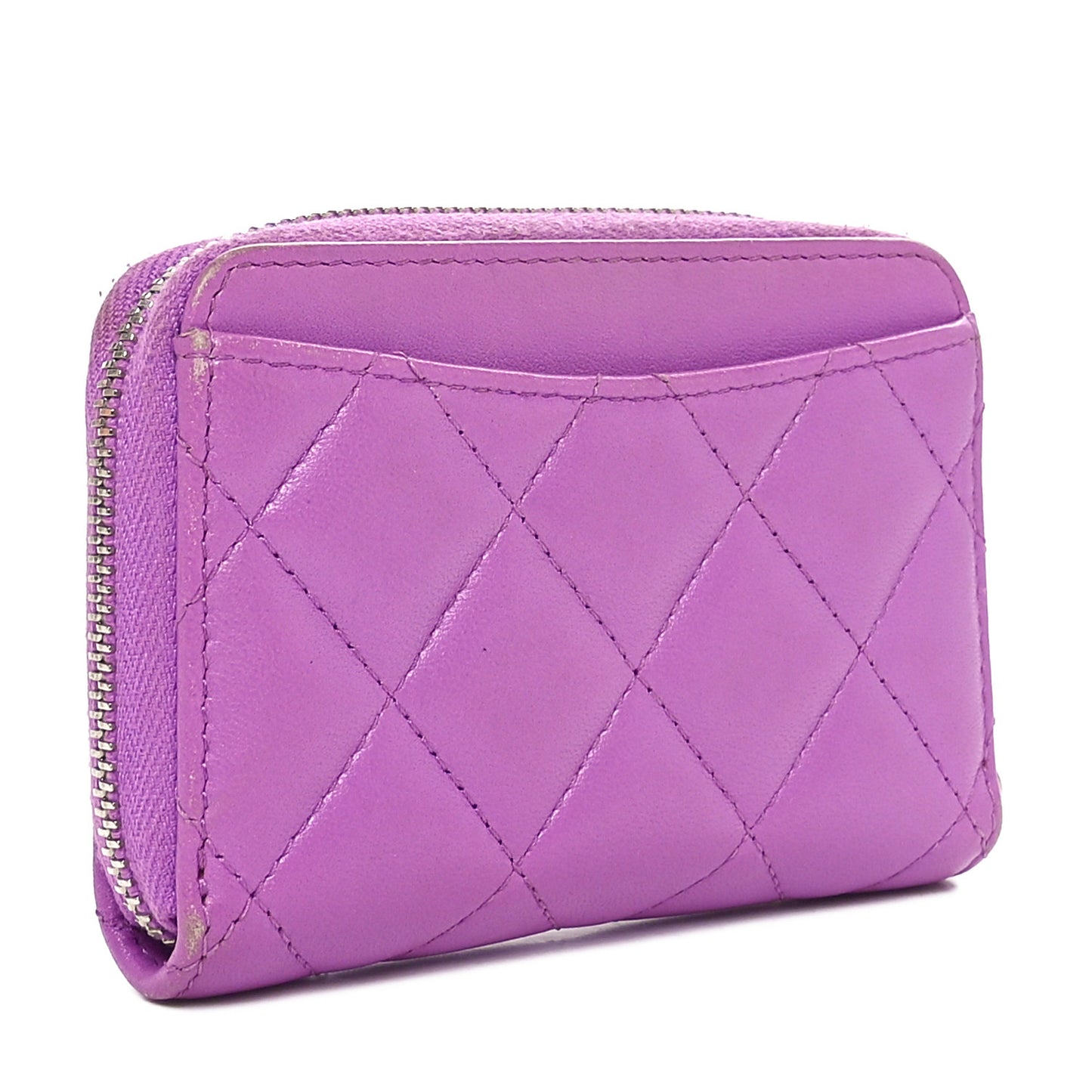 Lambskin Quilted Zip Around Coin Purse Wallet Purple