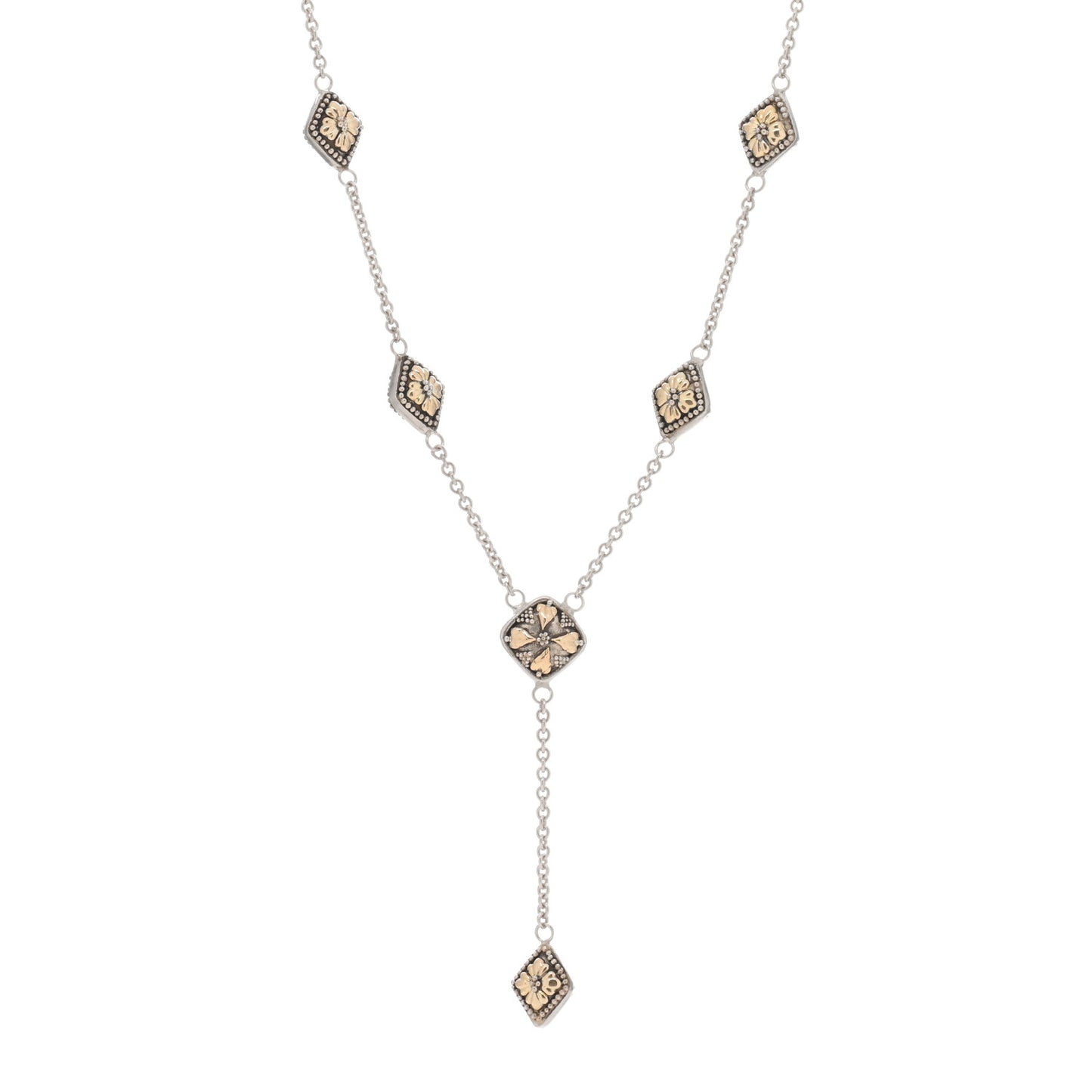 Sterling Silver 18K Yellow Gold Flower Station Y Drop Necklace