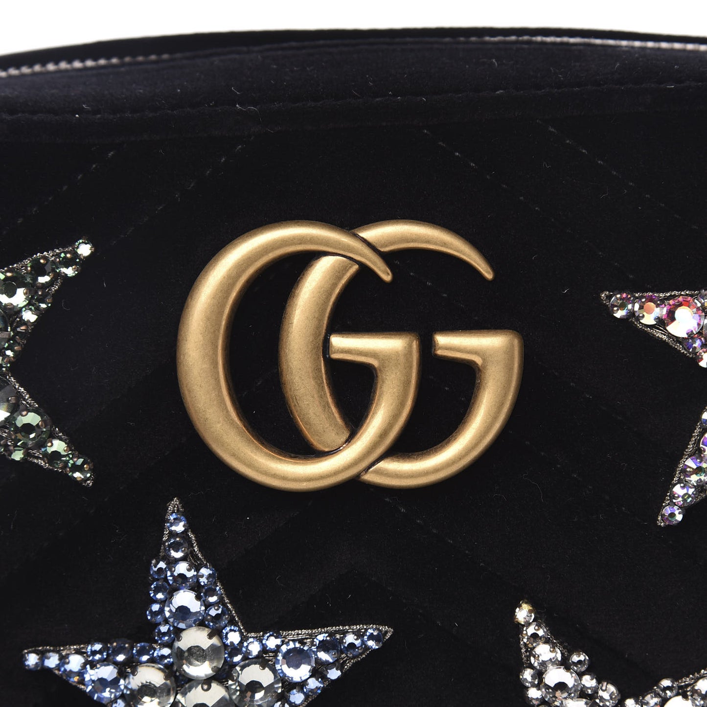 Velvet Matelasse Crystal Star Embroidered Small GG Marmont Chain Shoulder Bag Black
