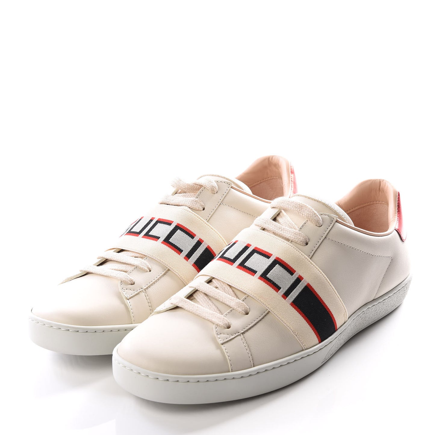 Calfskin Stripe Womens New Ace Sneakers 38.5 New Mystic White Ecru Red Flame