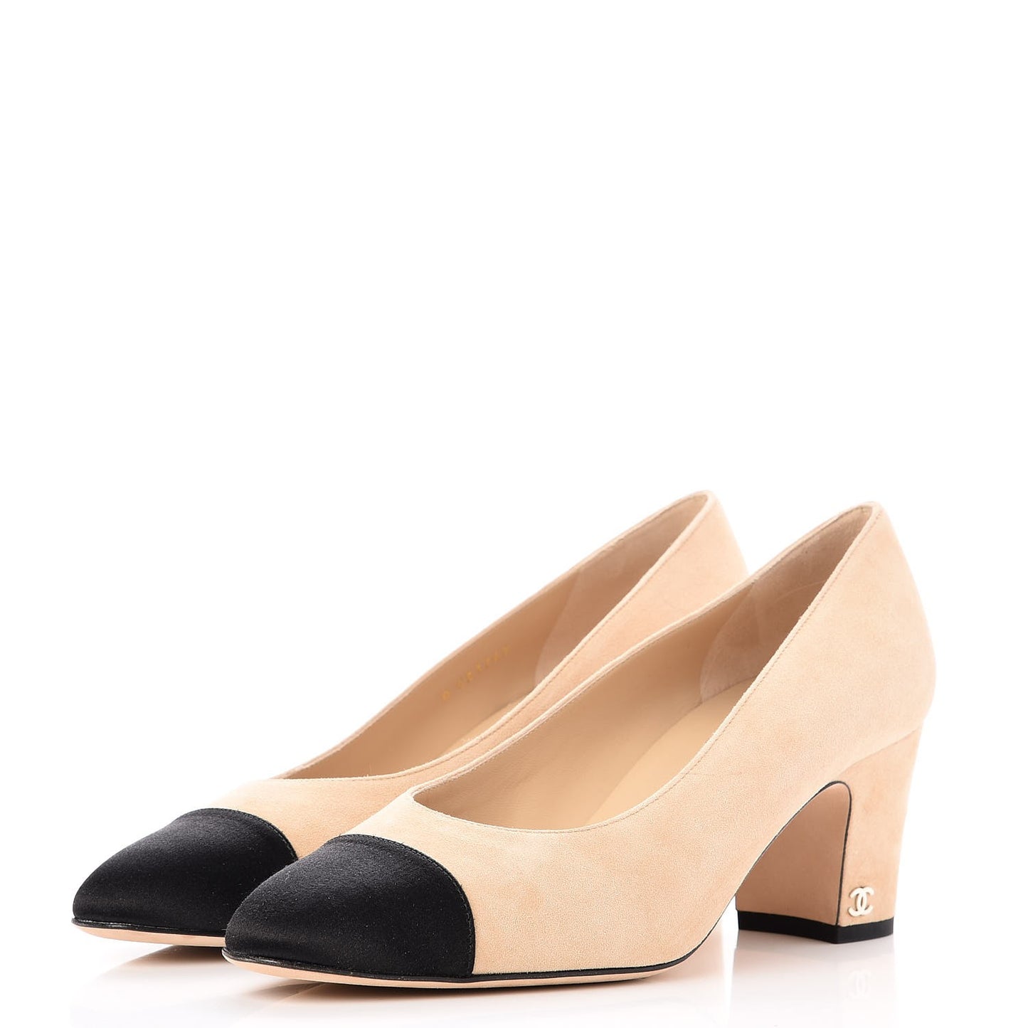 Suede Satin Cap Toe Low Heel Pumps 39 Beige Black