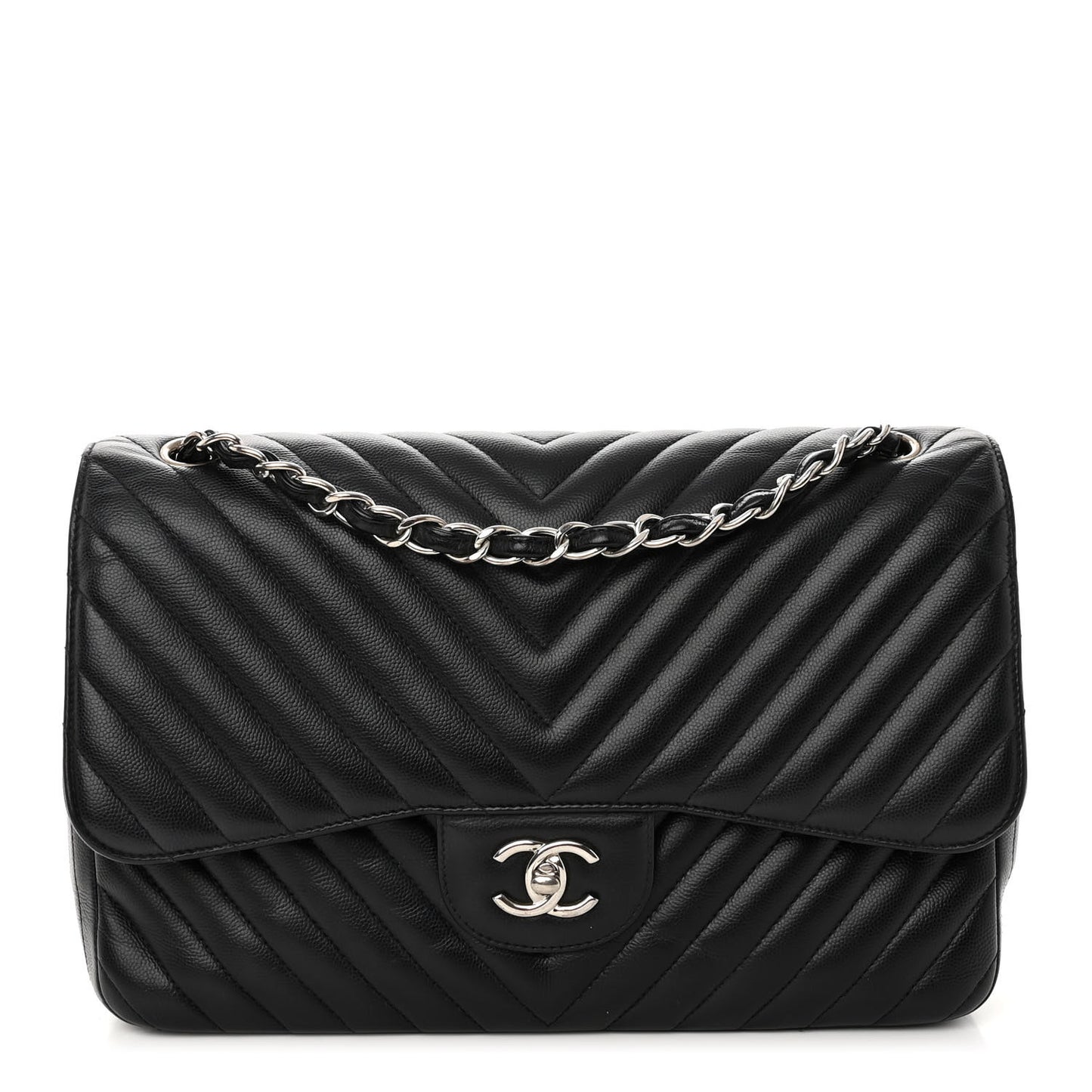 Iridescent Caviar Chevron Quilted Jumbo Double Flap Black