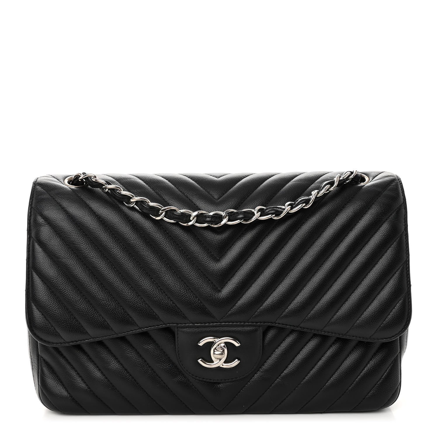Chanel Iridescent Caviar Chevron Quilted Jumbo Double Flap Black 1 of 12