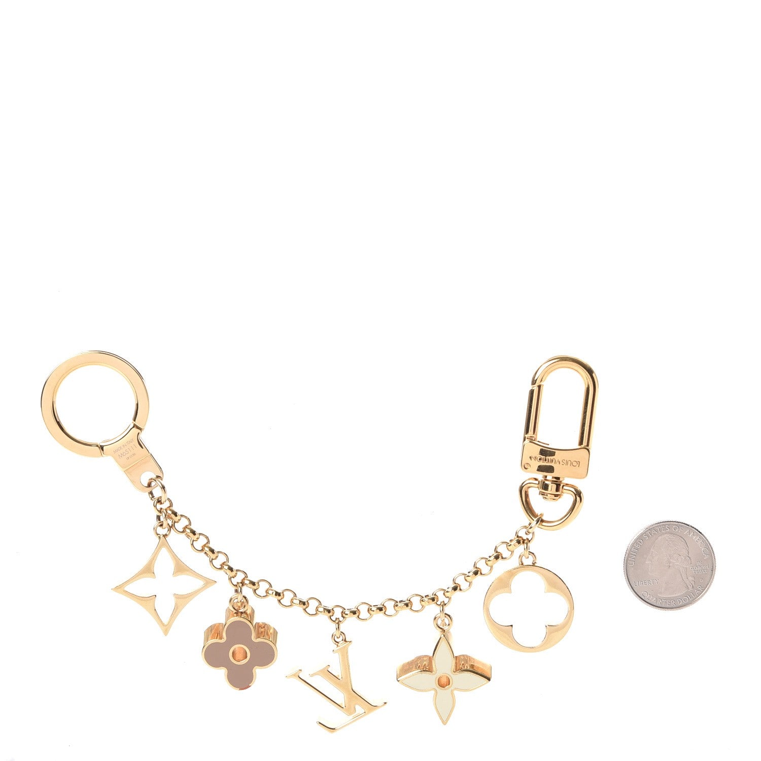 Louis Vuitton Brass Enamel Fleur De Monogram Bag Charm Chain Gold 2 of 6
