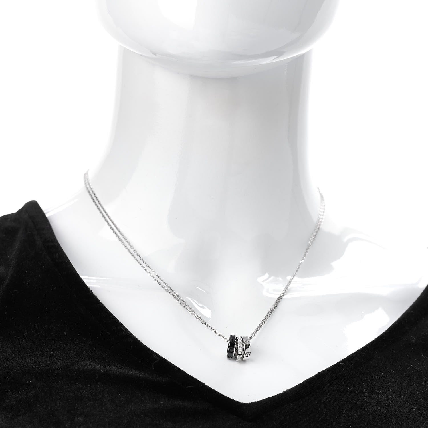 Cartier 18K White Gold Ceramic Diamond Three Ring LOVE Necklace 2 of 6