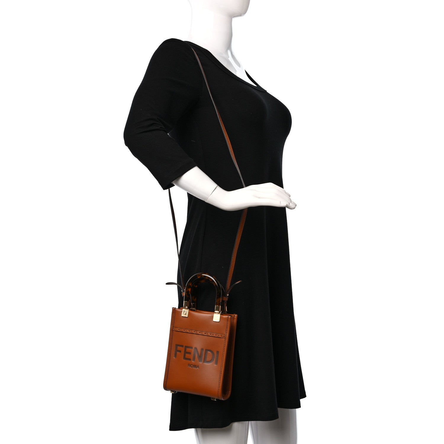 Fendi Vitello King Plexiglass Logo Embossed Mini Fendi Sunshine Shopper Tote Cuoio 3 of 8