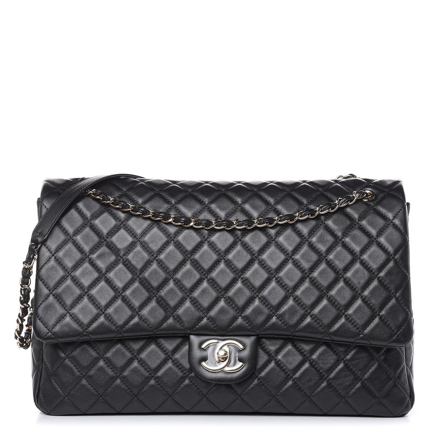 Metallized Calfskin Quilted XXL Travel Flap Bag Black
