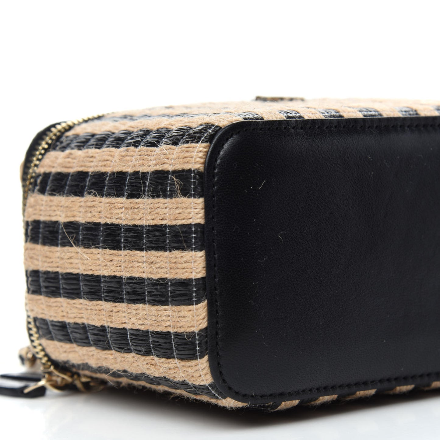 Raffia Jute Striped Small Vanity Case With Chain Black Beige