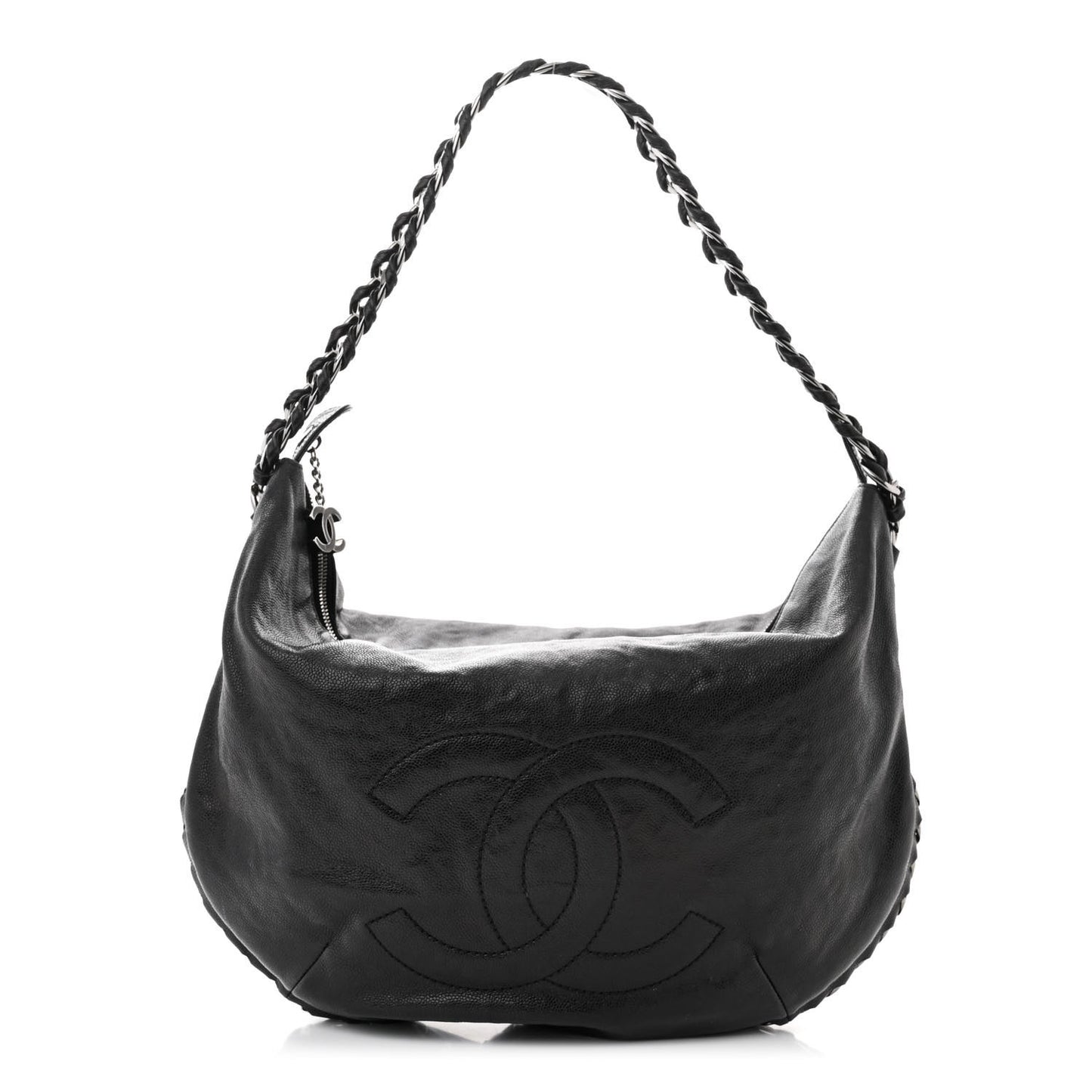 Glazed Caviar Modern Chain Hobo Black