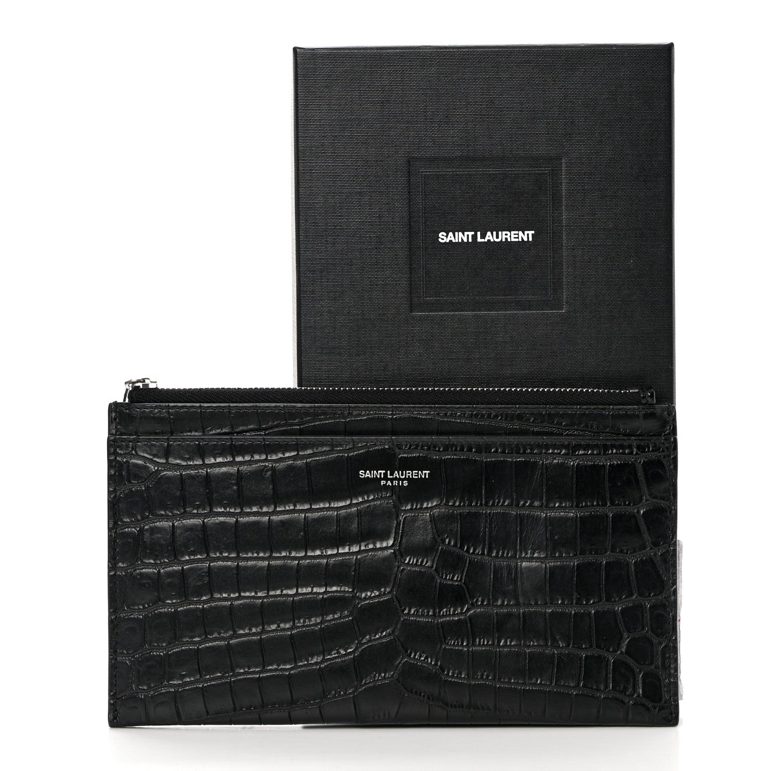 Saint Laurent Calfskin Crocodile Embossed Zip Pouch Black 9 of 9