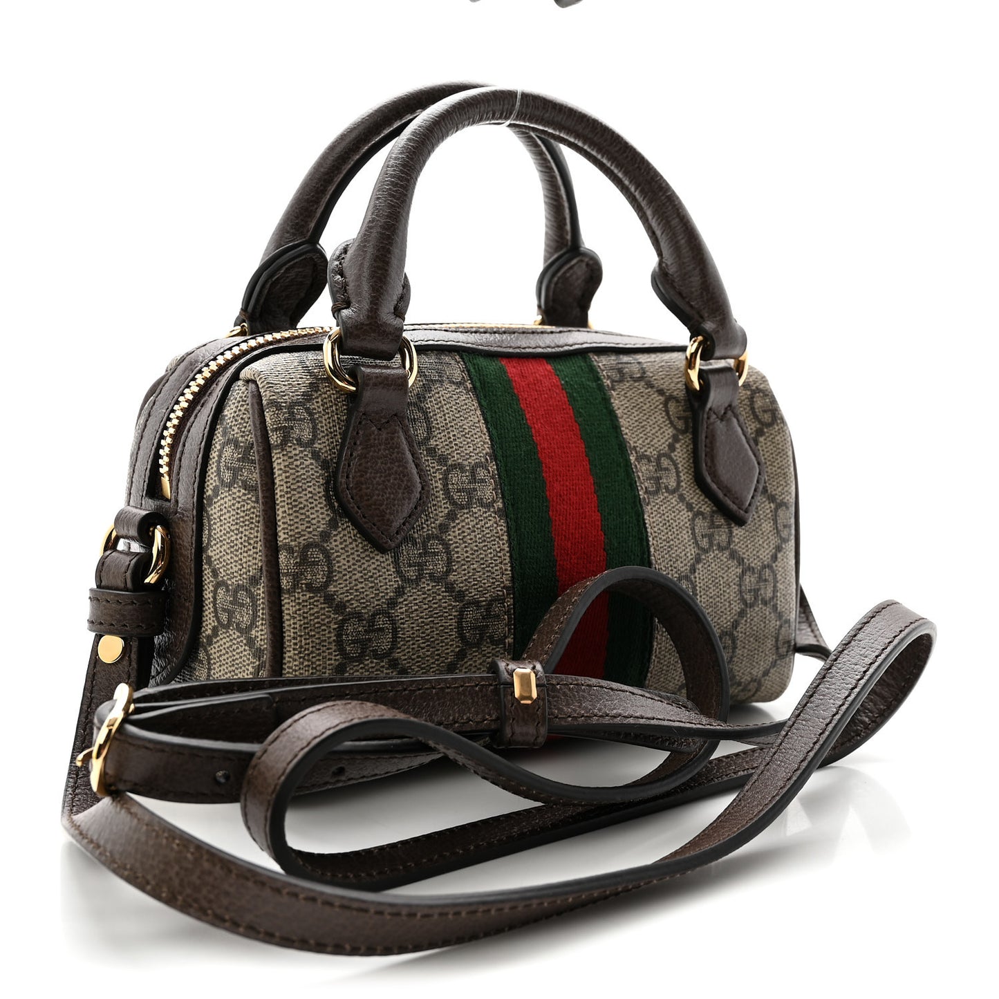 GG Supreme Monogram Textured Dollar Calfskin Web Super Mini Ophidia Top Handle Bowler Bag Beige Ebony New Acero