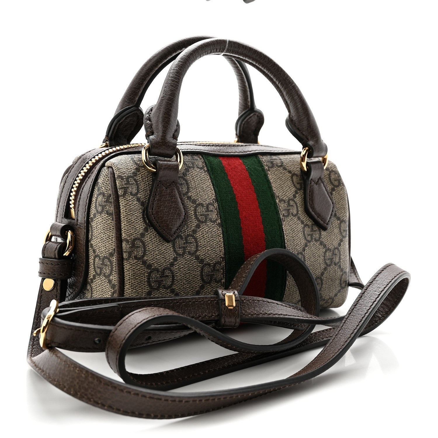 Gucci GG Supreme Monogram Textured Dollar Calfskin Web Super Mini Ophidia Top Handle Bowler Bag Beige Ebony New Acero 3 of 10