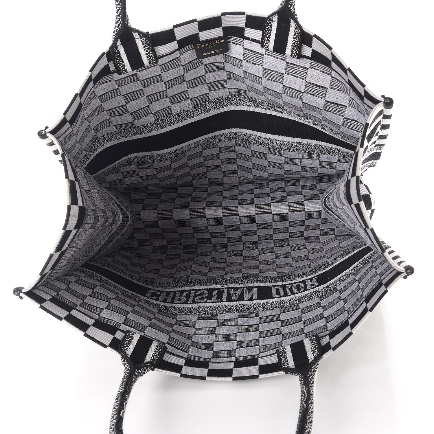 Christian Dior Canvas Embroidered Checkered Book Tote Black White 5 of 9