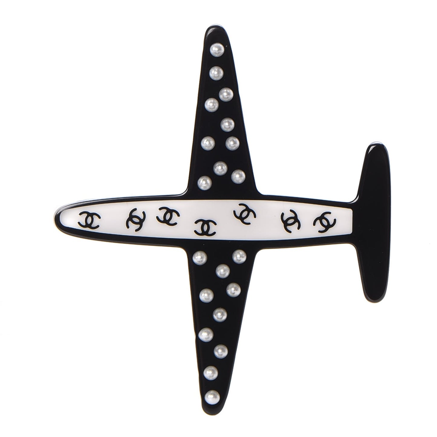 Resin Pearl CC Airplane Brooch Black White