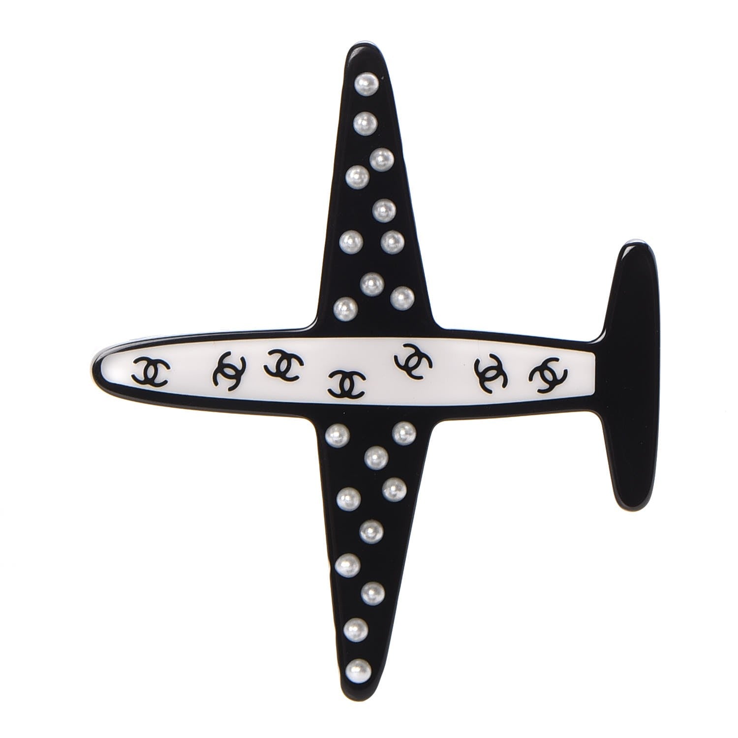 Chanel Resin Pearl CC Airplane Brooch Black White 1 of 5