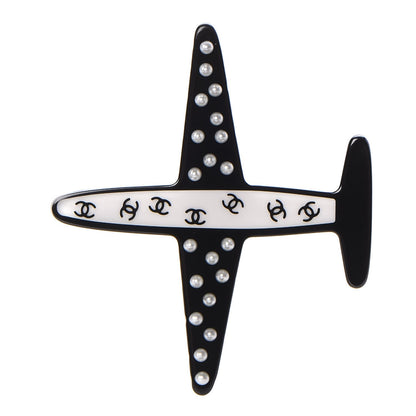 Chanel Resin Pearl CC Airplane Brooch Black White 1 of 5