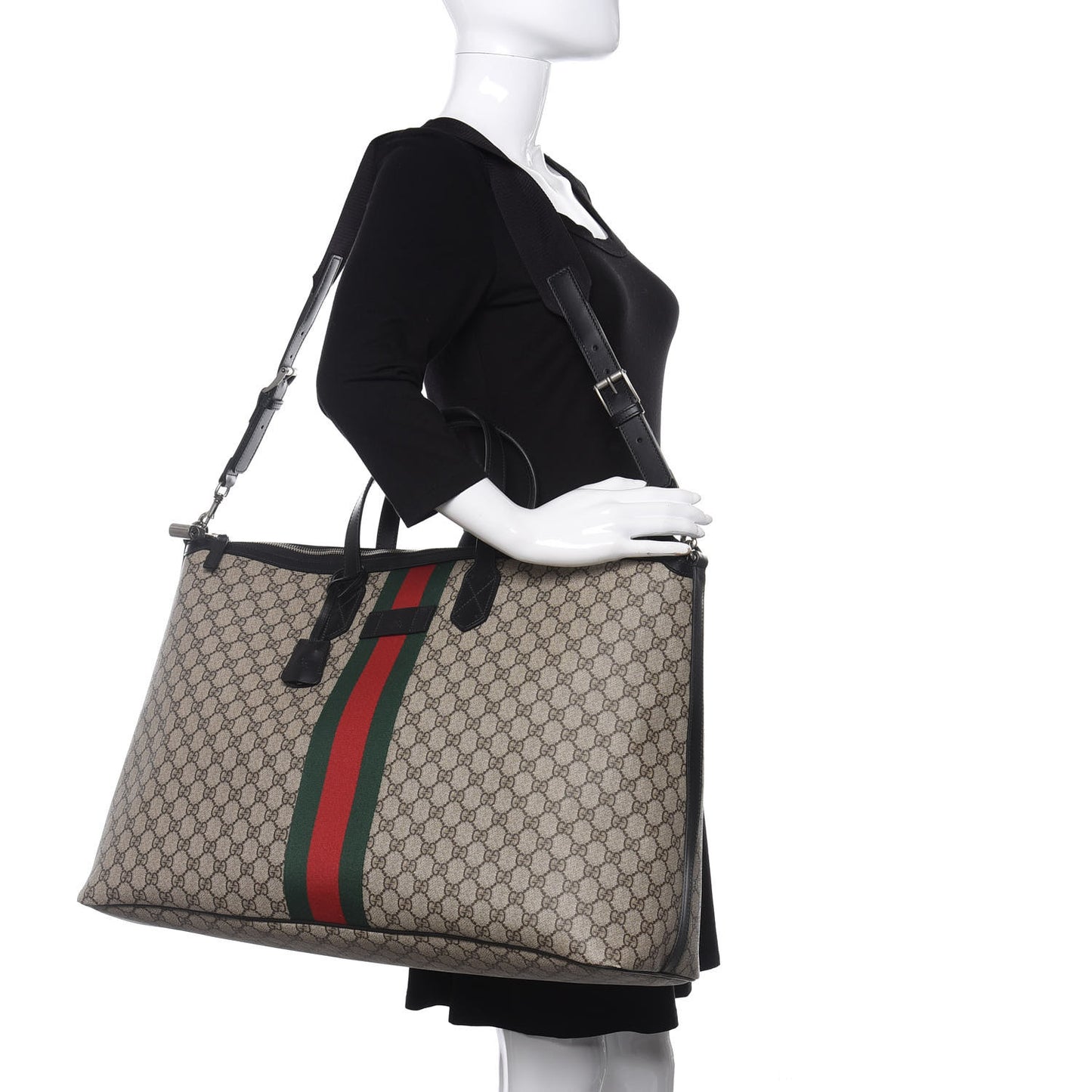 GG Supreme Monogram Web Large Zippered Tote Beige Black