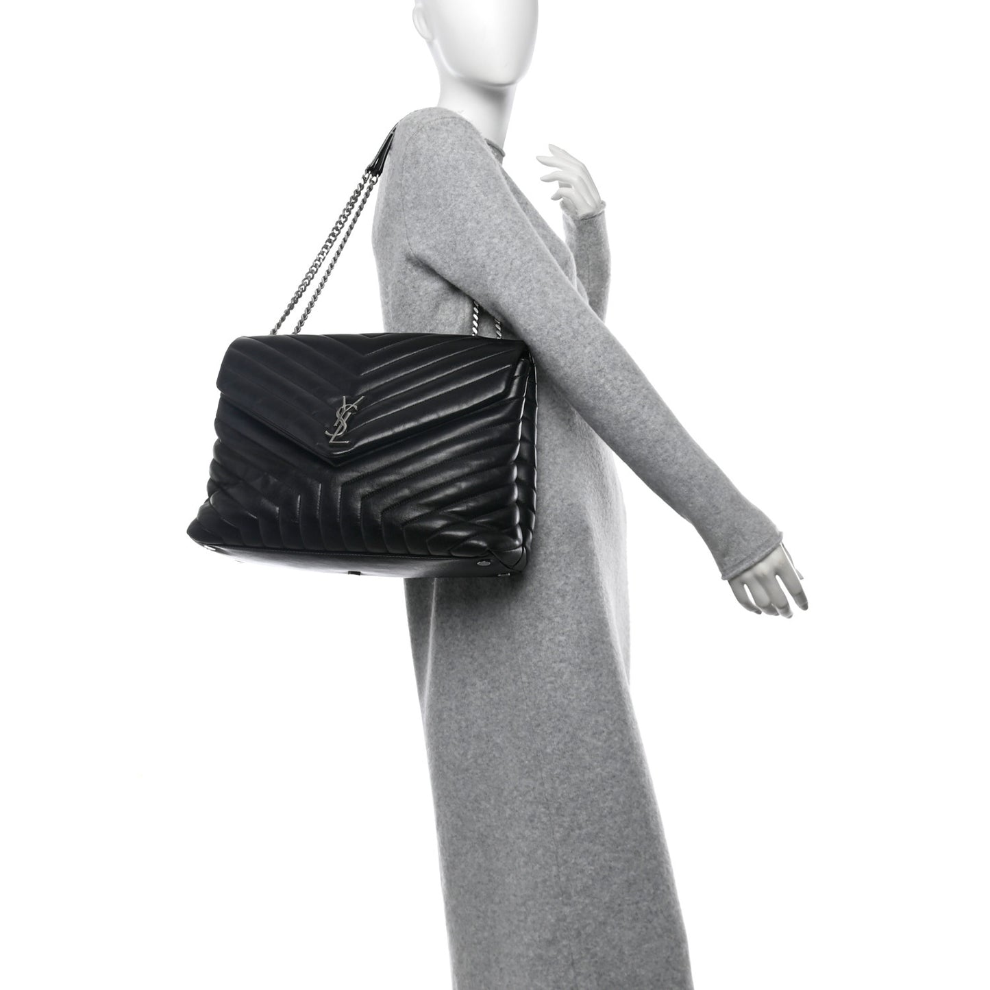 Calfskin Y Quilted Monogram Large Loulou Chain Satchel Black