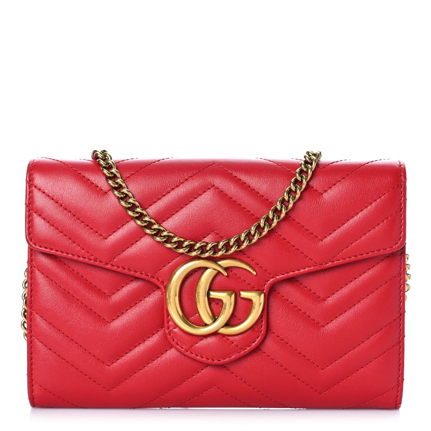 Gucci Calfskin Matelasse Mini GG Marmont Chain Wallet Hibiscus Red 1 of 9