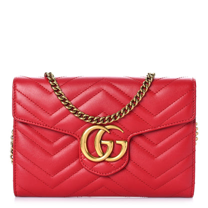 Gucci Calfskin Matelasse Mini GG Marmont Chain Wallet Hibiscus Red 1 of 9