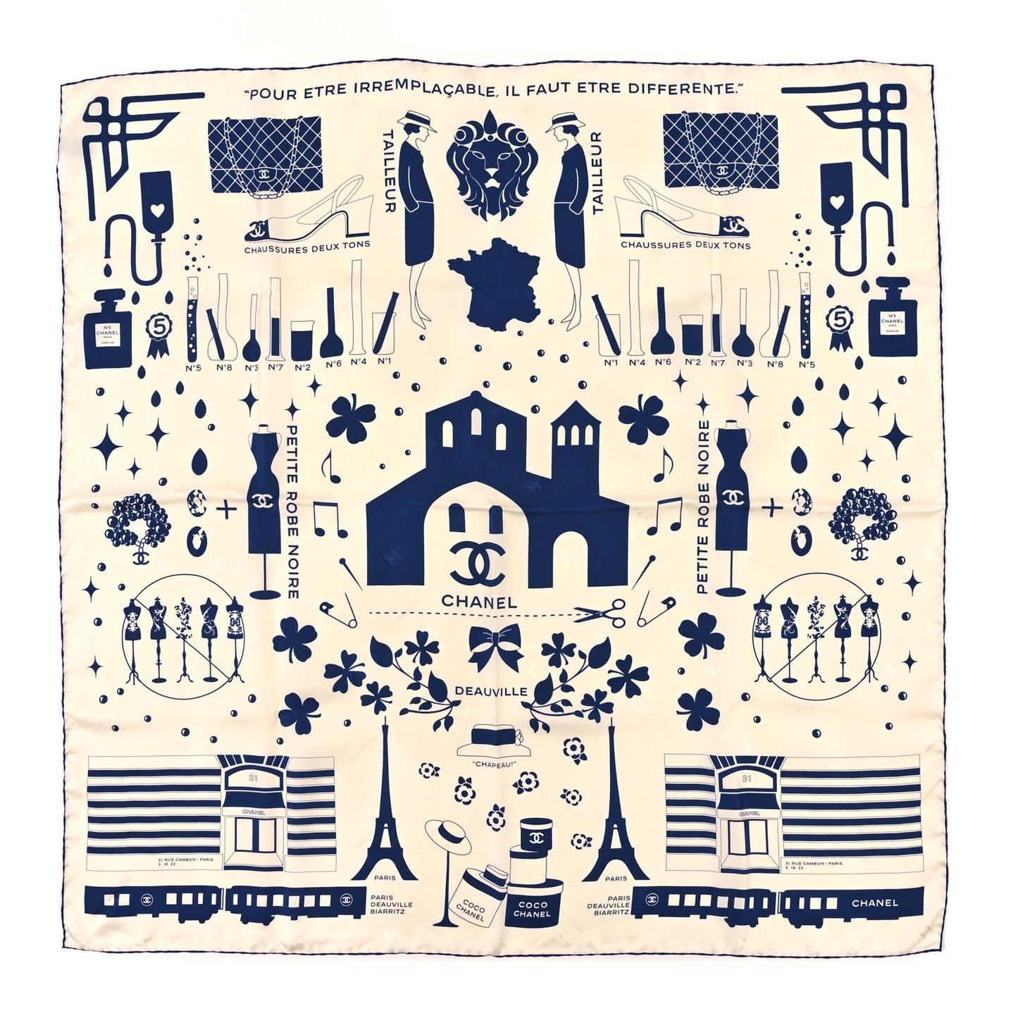 Silk CC Coco Paris Square Scarf White Navy
