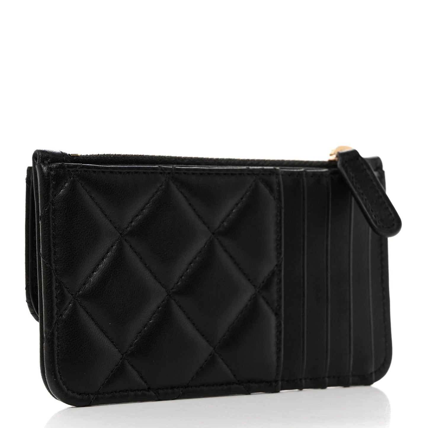 Lambskin Quilted Flap Zip Card Holder Black