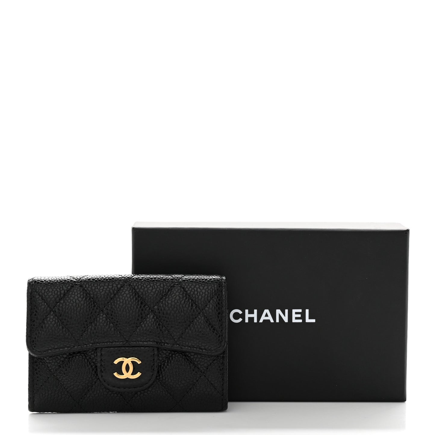 Caviar Quilted Flap Card Holder Wallet Black