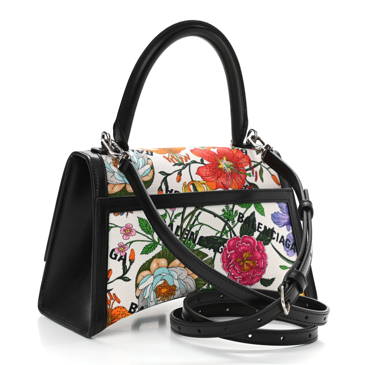 Balenciaga X GUCCI Canvas Boarded Plutone Calfskin Flora Logo Print Small Hourglass Top Handle Bag White Multicolor Black 3 of 10