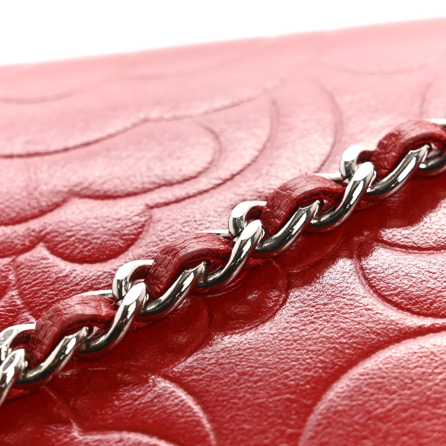 Lambskin Camellia Embossed Wallet on Chain WOC Red