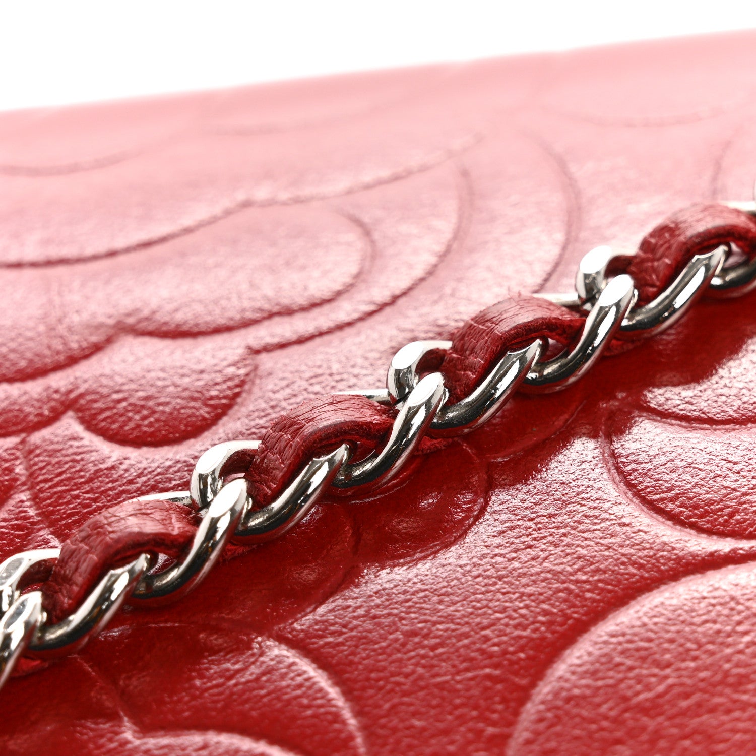Chanel Lambskin Camellia Embossed Wallet on Chain WOC Red 12 of 14