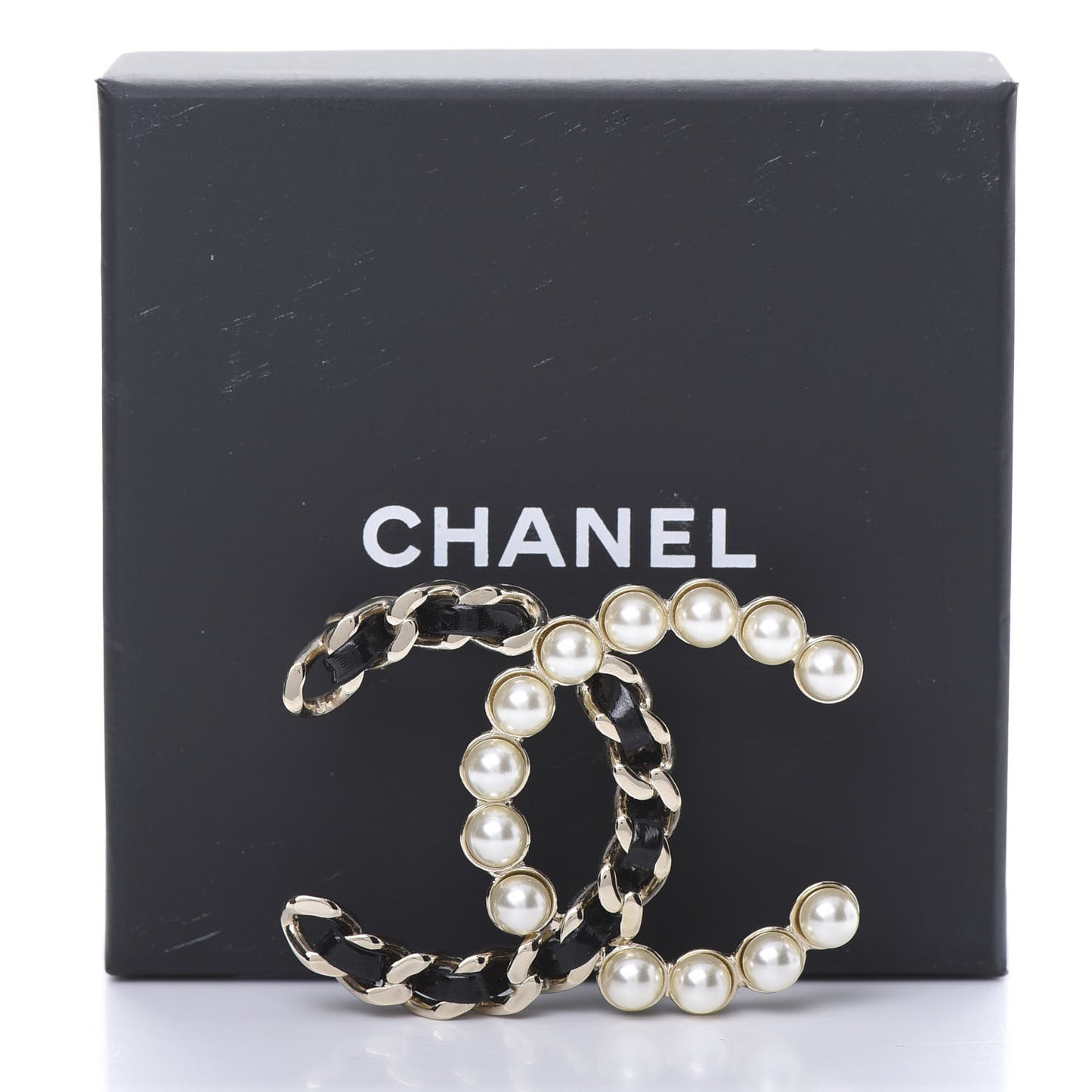 Lambskin Pearl CC Chain Brooch Black Gold