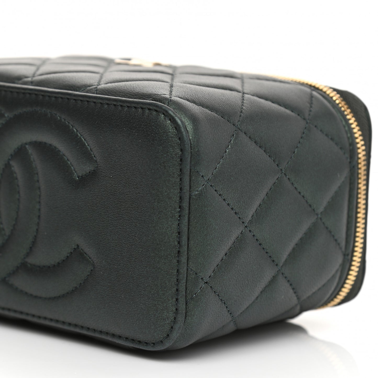Iridescent Lambskin Quilted Small Top Handle Vanity Case With Chain Dark Green