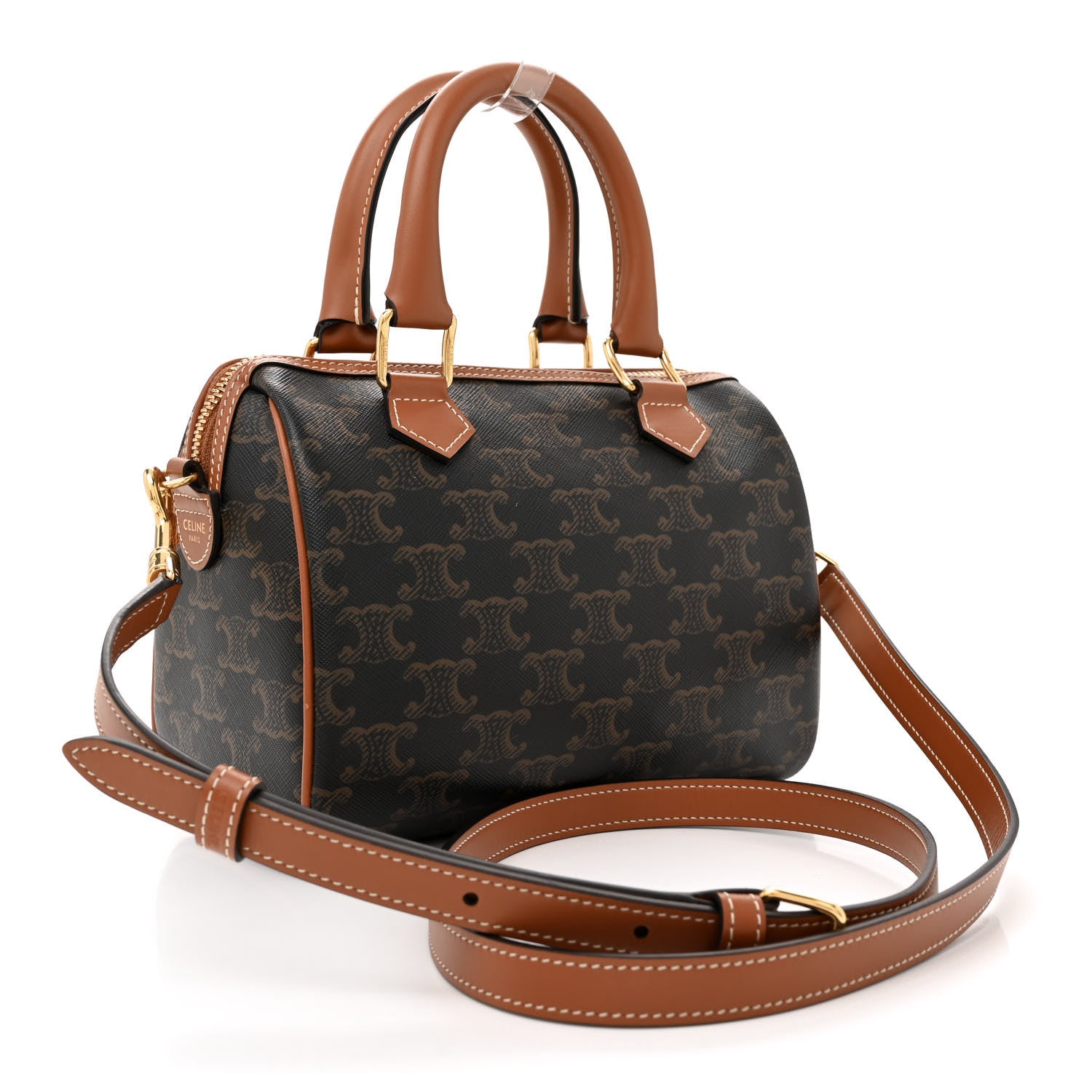 Celine Triomphe Canvas Calfskin Small Boston Bag Tan 3 of 9