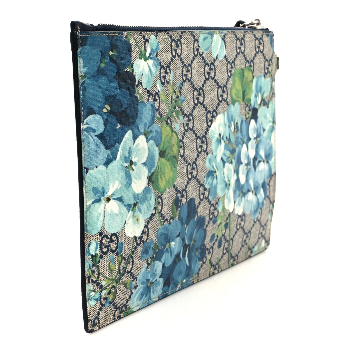 GG Supreme Monogram Blooms Small Zip Wristlet Pouch Beige Blue Black