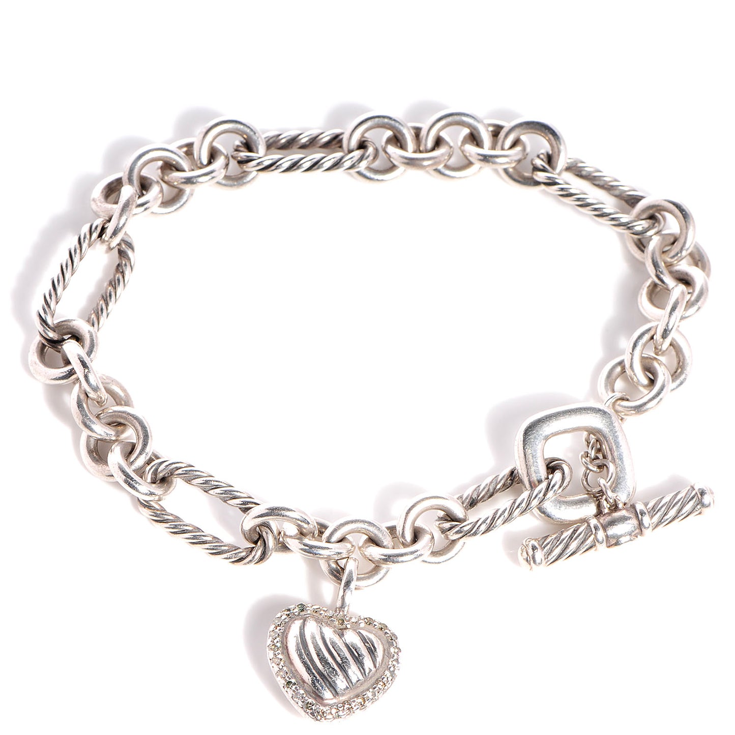 Sterling Silver Diamond Cable Heart Charm Bracelet