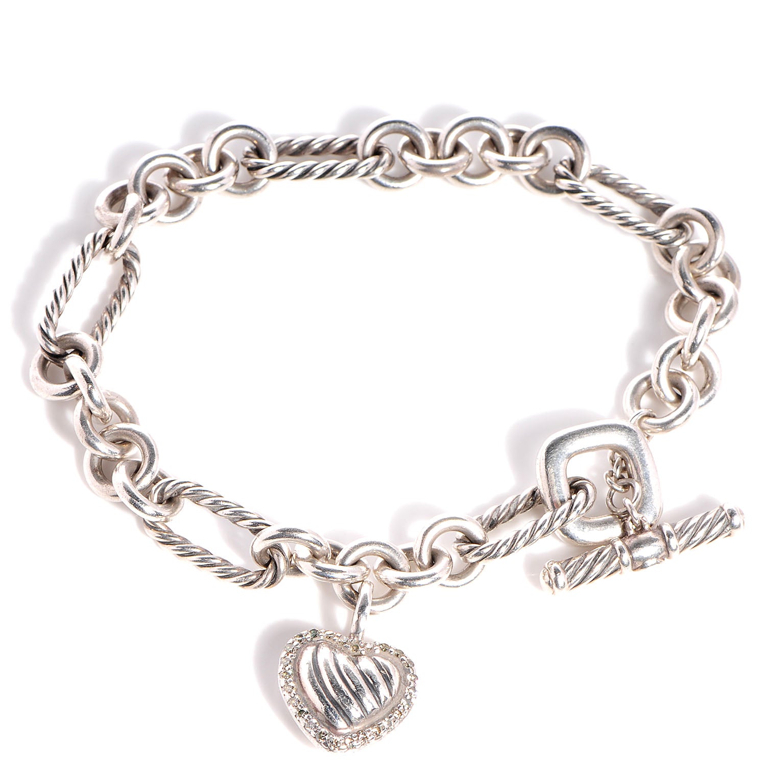 David Yurman Sterling Silver Diamond Cable Heart Charm Bracelet 1 of 6