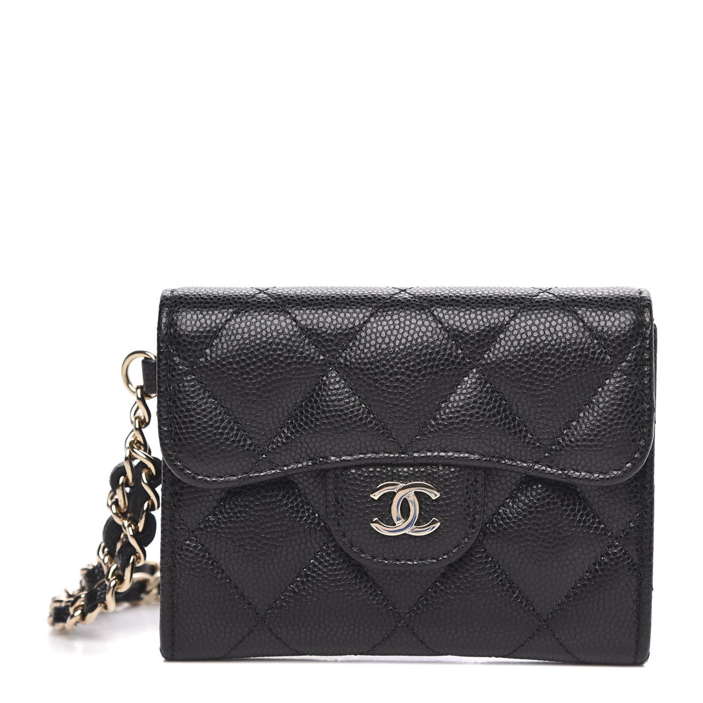 Caviar Quilted Flap Card Holder Chain Wristlet Black