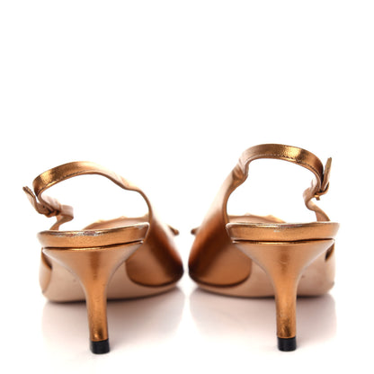 Gucci Metallic Calfskin Horsebit Peep Toe Low Heel Slingback Pumps 37.5 Gold 7 of 10