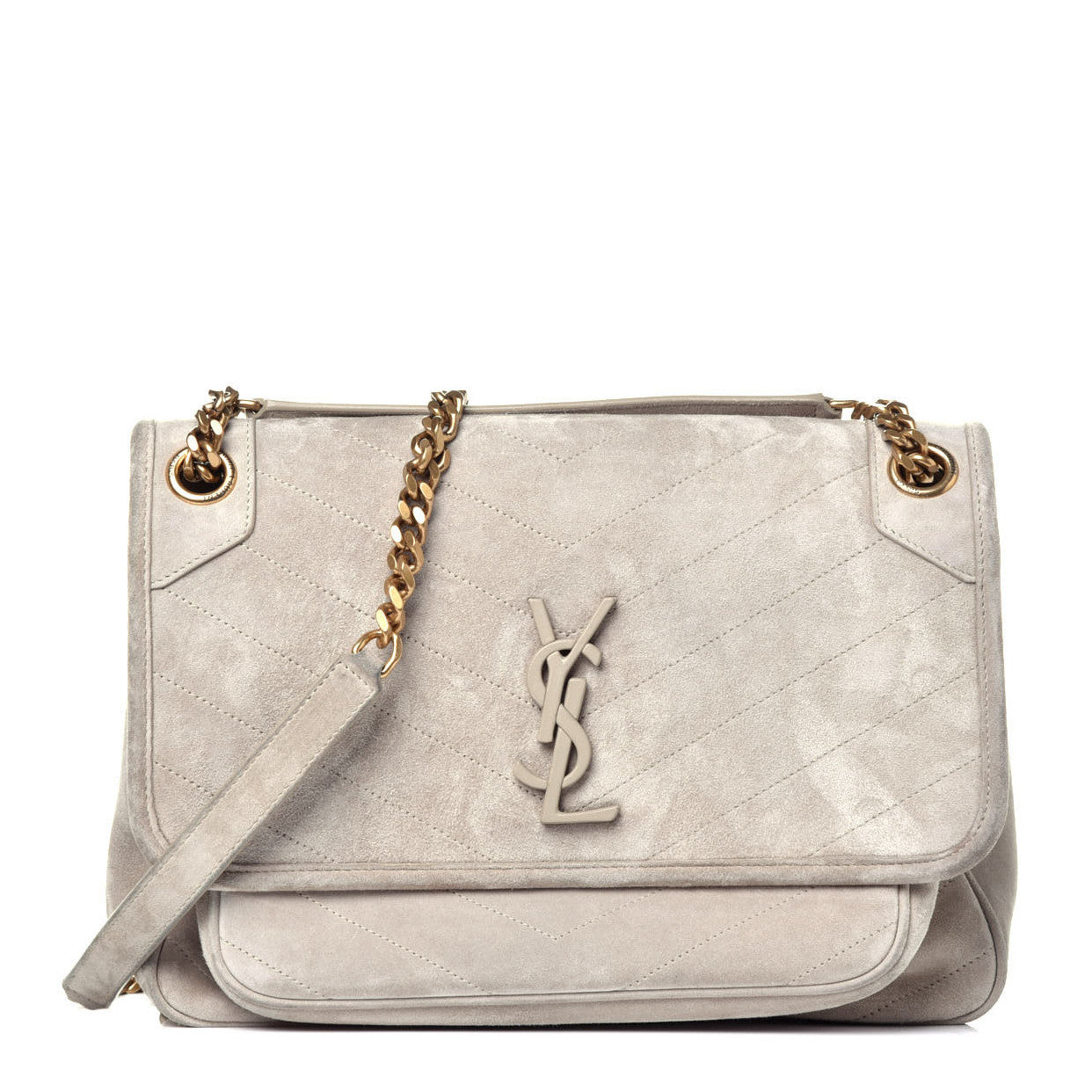 Suede Monogram Medium Niki Chain Satchel Light Beige