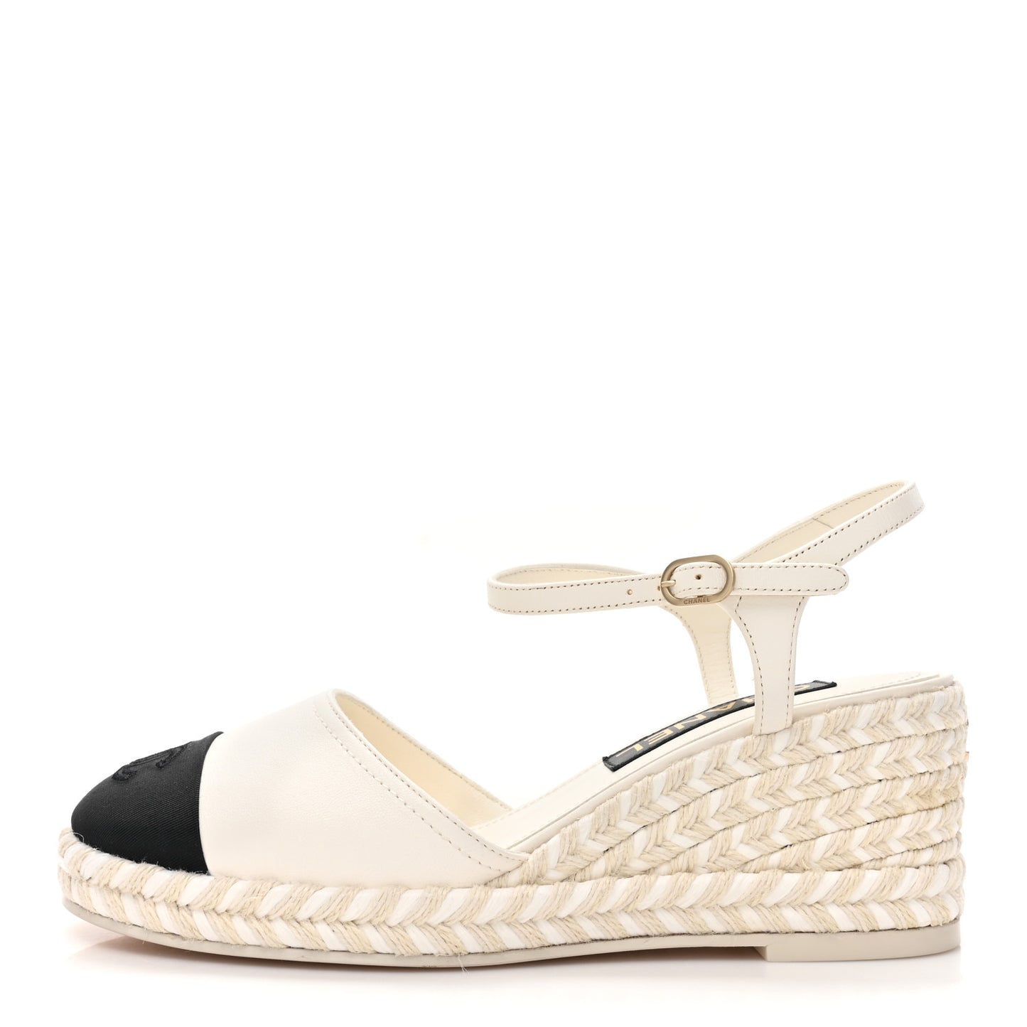 Lambskin Grosgrain CC Espadrilles Wedges 38 White Black