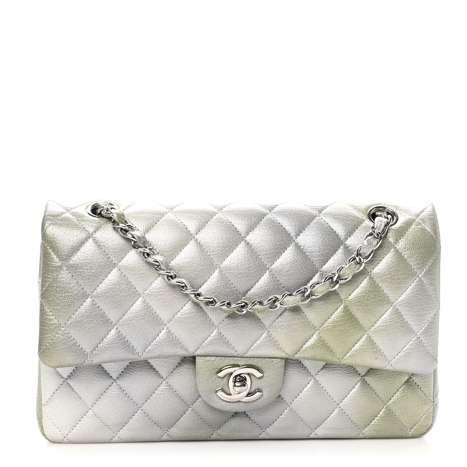 Chanel Metallic Goatskin Quilted Ombre Medium Double Flap Grey Green 1 of 10