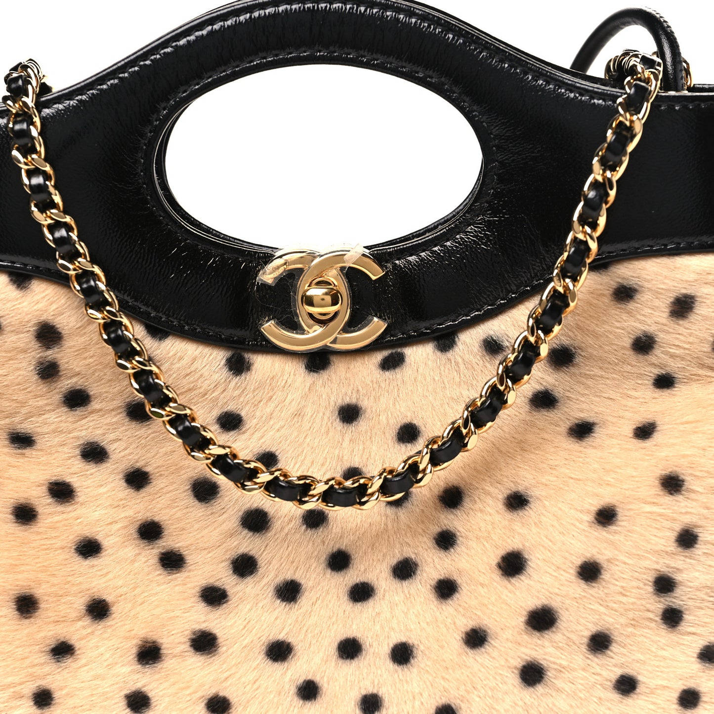 Shiny Lambskin Pony Hair Cheetah Printed Mini 31 Shopping Bag Light Beige Black Light Beige Black
