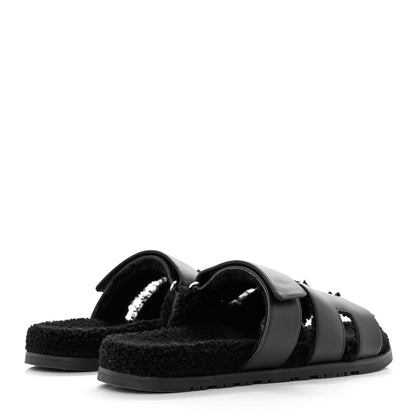 Hermes Calfskin Woolskin Mens Chypre Sandals 43 Black 4 of 8