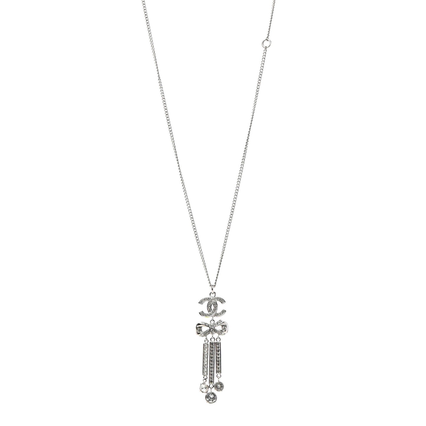 Crystal CC Bow Drop Necklace Silver